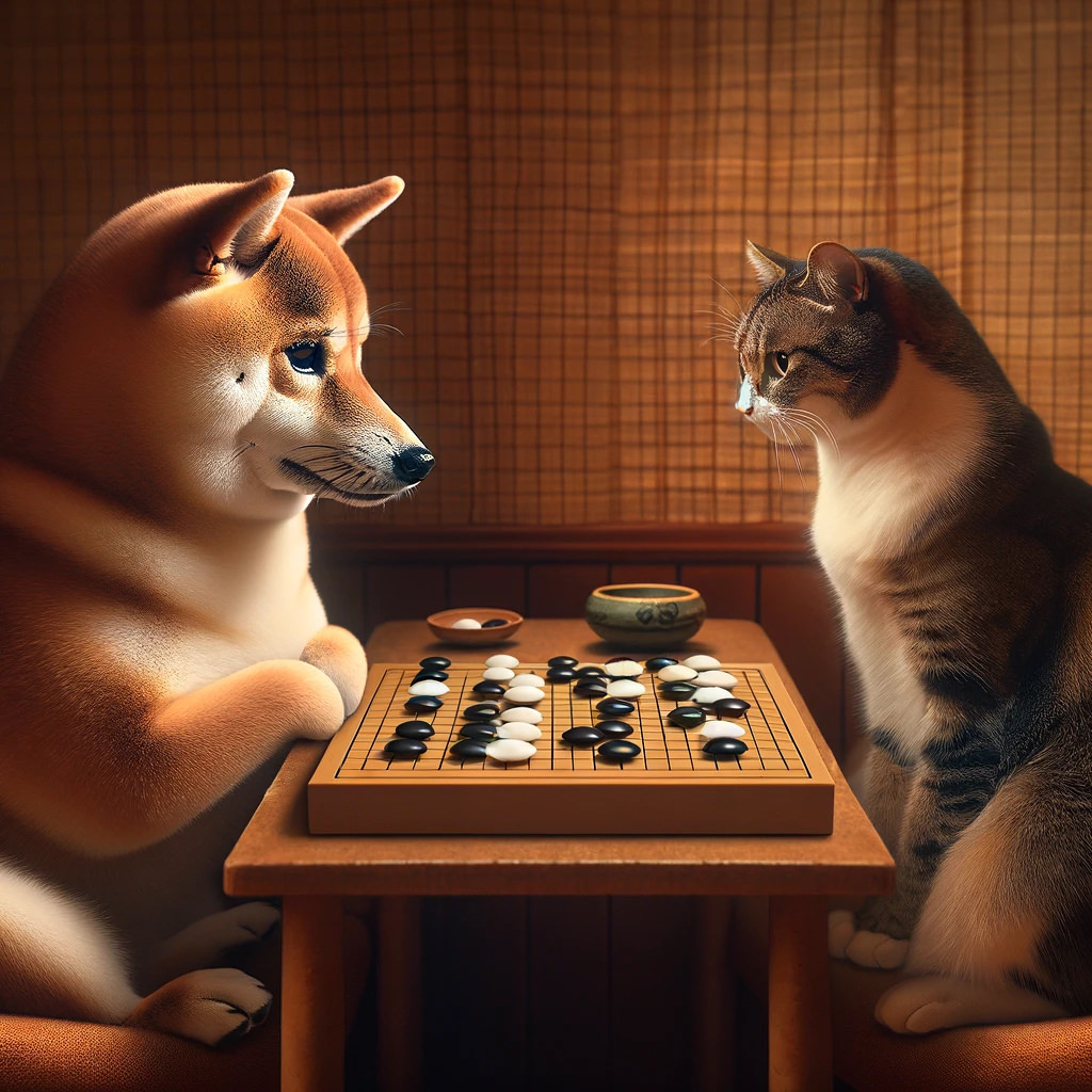 A Shiba Inu playing Go with a Cat